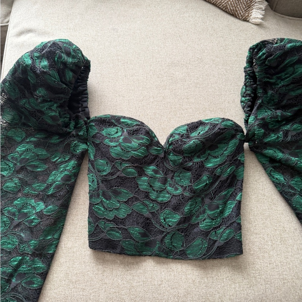 Vintage Designer Green and Black Lace Puff-Sleeve Crop Bustier Top.